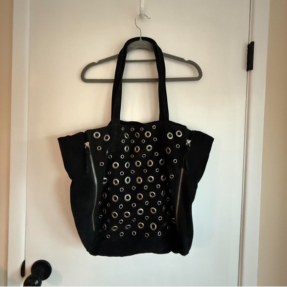 LF Handbags - Stylish Black Suede Tote Bag with Eyelet Design